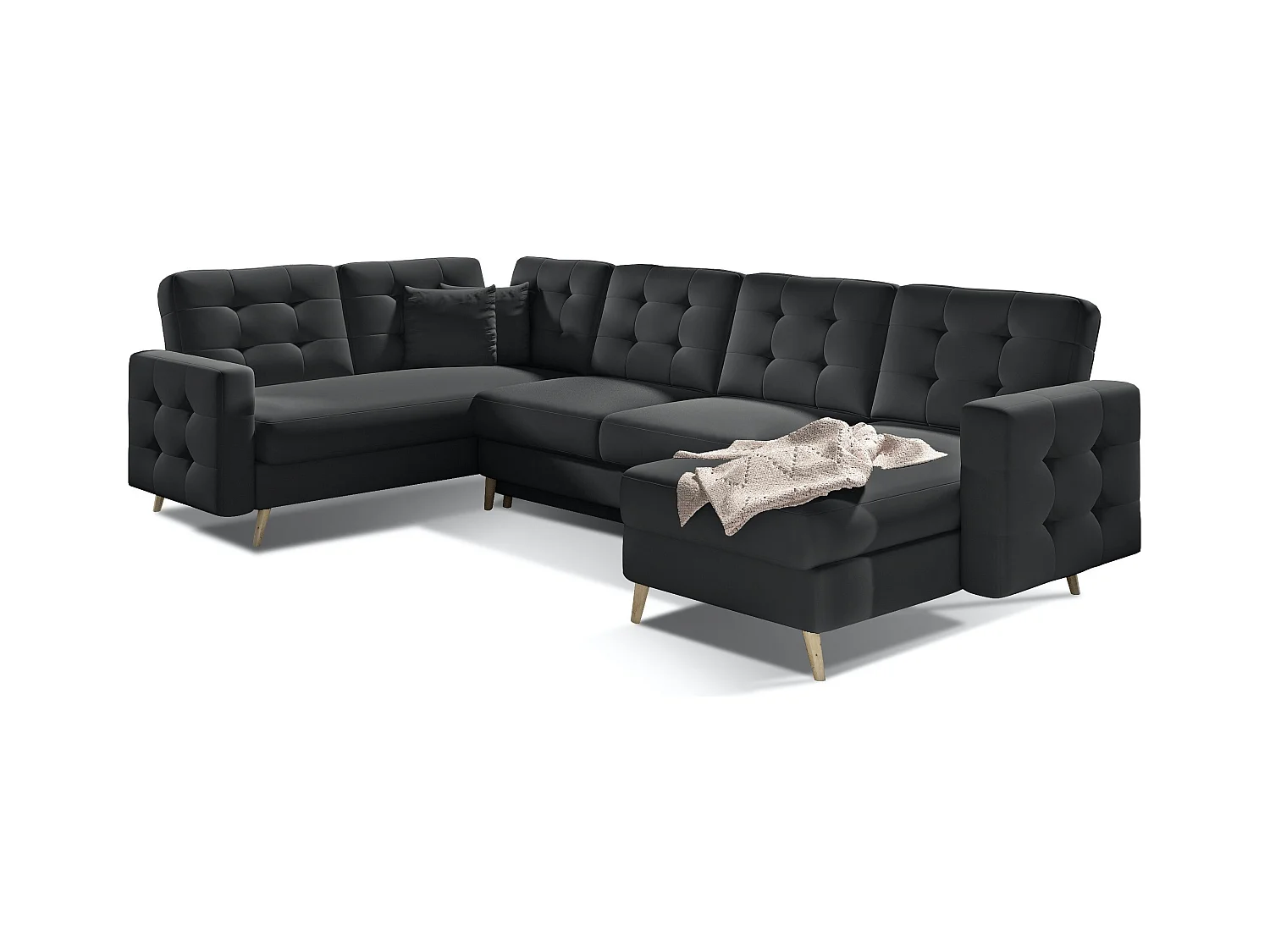 Canapé panoramique convertible capitonné simili cuir noir Anska 320cm