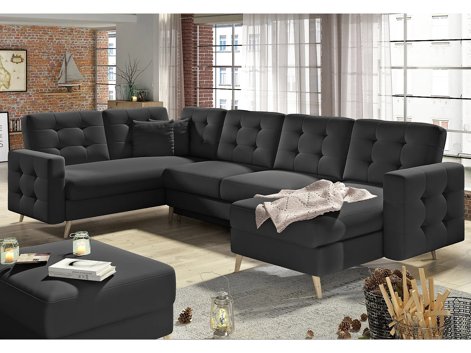 Canapé panoramique convertible capitonné simili cuir noir Anska 320cm