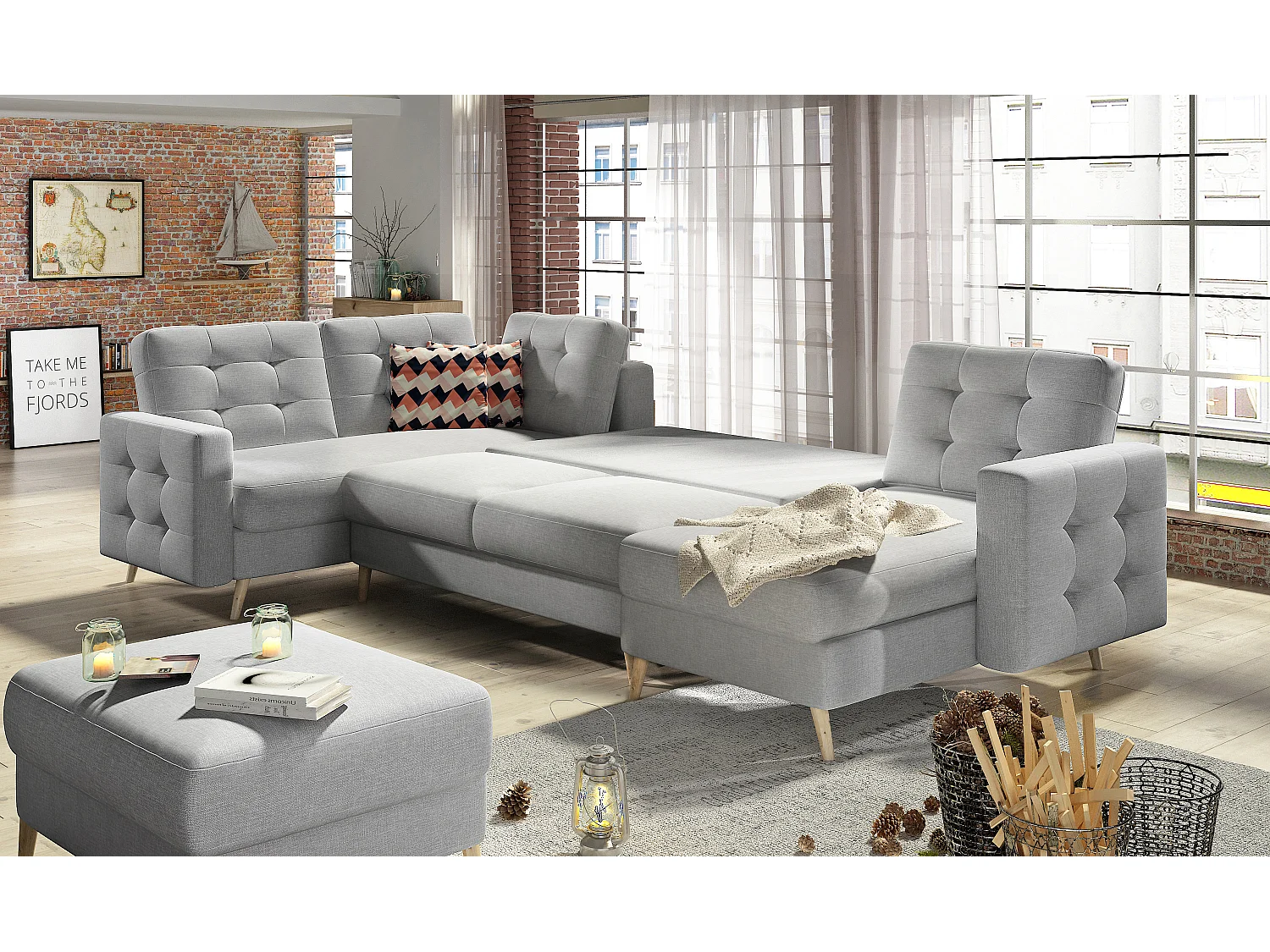 Canapé panoramique convertible capitonné simili cuir noir Anska 320cm