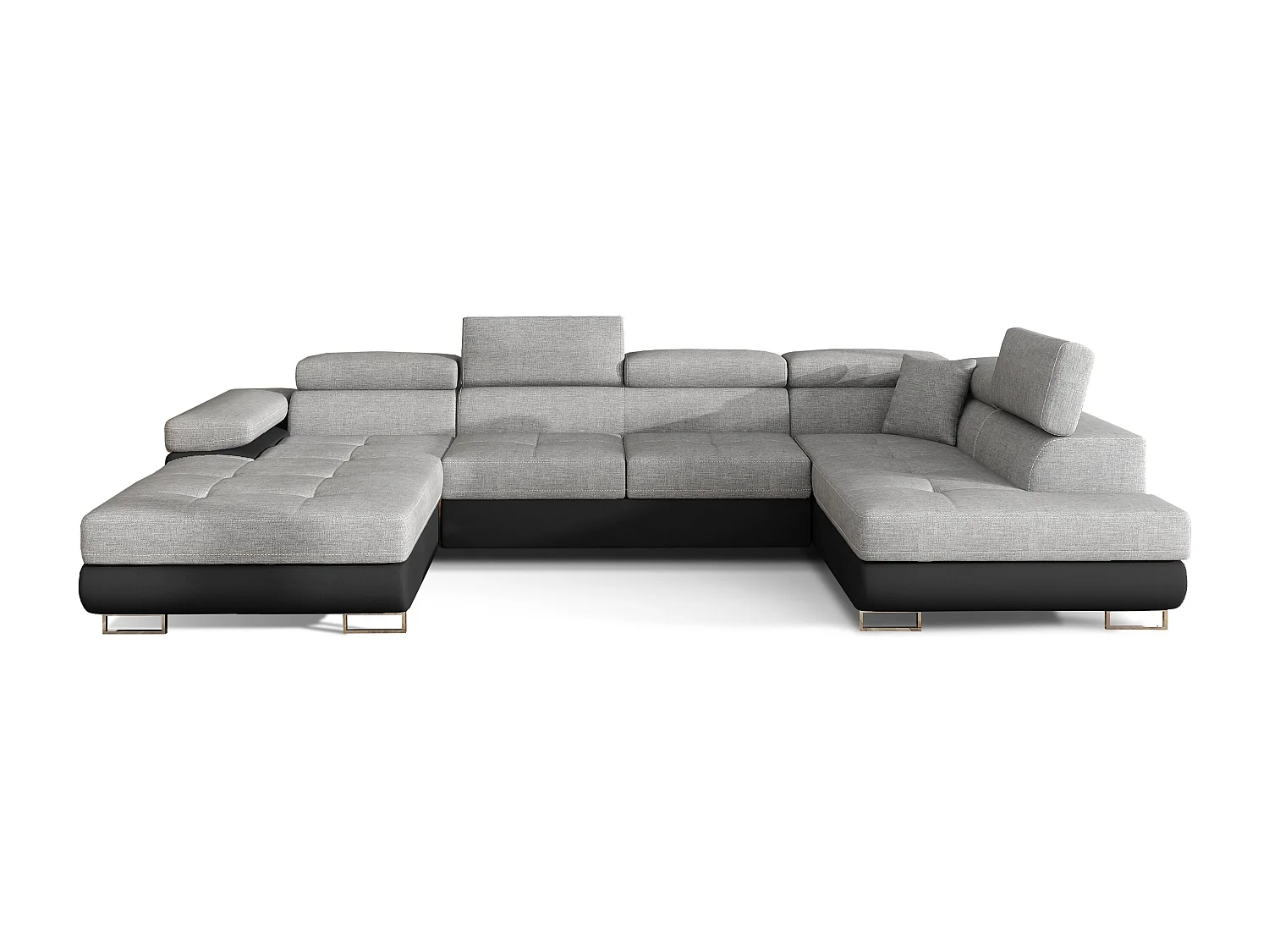 Canapé panoramique tissu gris clair et simili cuir noir convertible avec coffre de rangement Romano 345cm-Coffre de rangement à droite