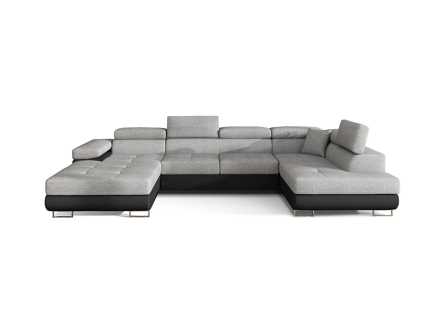 Canapé panoramique tissu gris clair et simili cuir noir convertible avec coffre de rangement Romano 345cm-Coffre de rangement à droite
