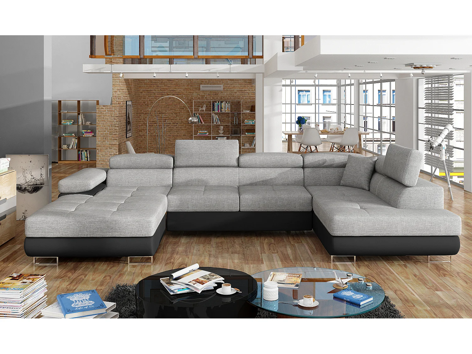 Canapé panoramique tissu gris clair et simili cuir noir convertible avec coffre de rangement Romano 345cm-Coffre de rangement à droite