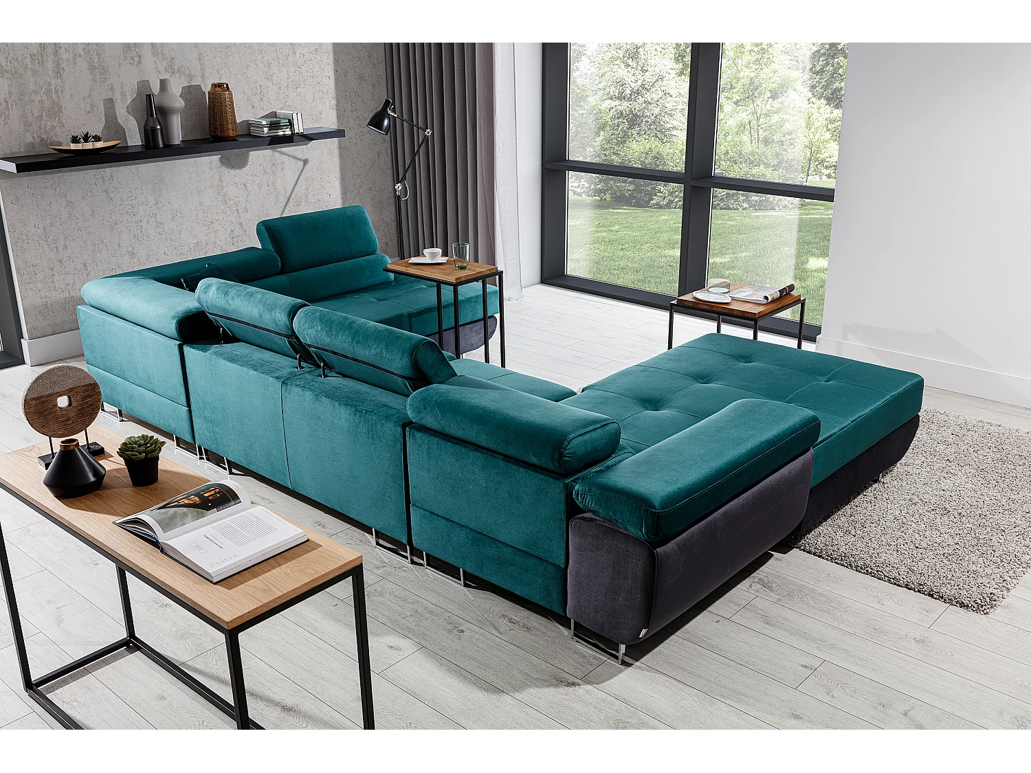 Canapé panoramique tissu gris clair et simili cuir noir convertible avec coffre de rangement Romano 345cm-Coffre de rangement à droite