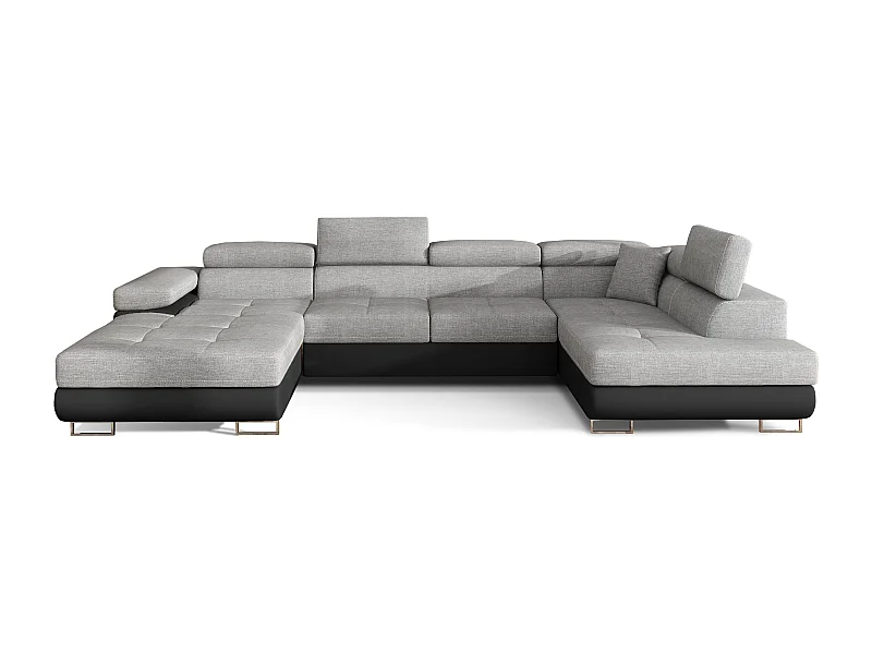 Canapé panoramique tissu gris clair et simili cuir noir convertible avec coffre de rangement Romano 345cm-Coffre de rangement à droite