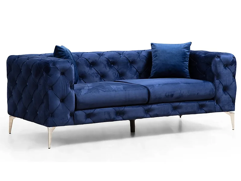 Canapé 2 places capitonné velours bleu marine et pieds chromés Herakles 197cm