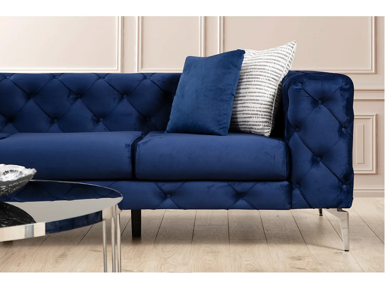 2-zitsbank bekleed met marineblauw fluweel en chromen poten Herakles 197 cm