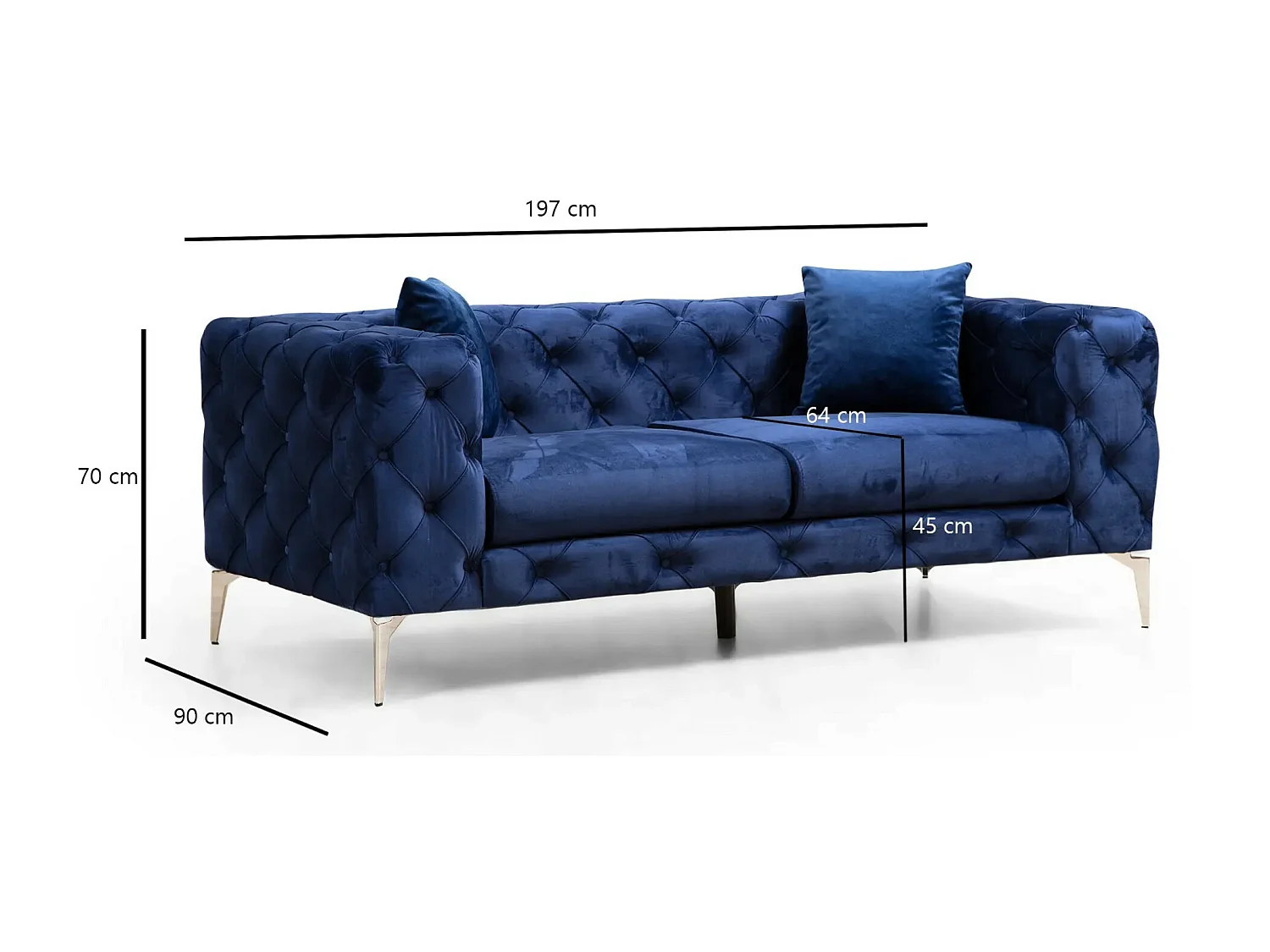 2-zitsbank bekleed met marineblauw fluweel en chromen poten Herakles 197 cm