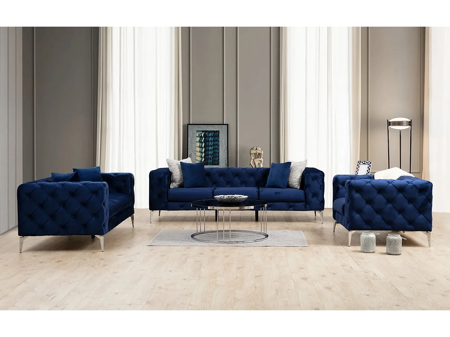 2-zitsbank bekleed met marineblauw fluweel en chromen poten Herakles 197 cm