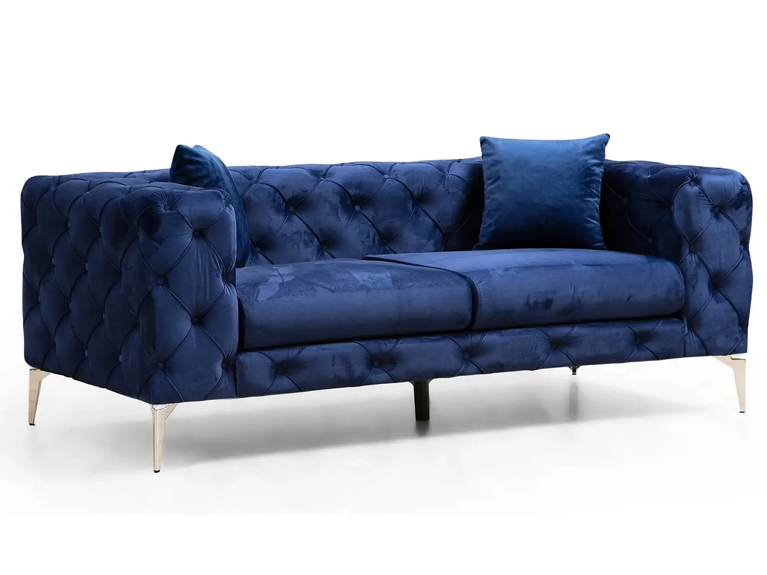 Canapé 2 places capitonné velours bleu marine et pieds chromés Herakles 197cm