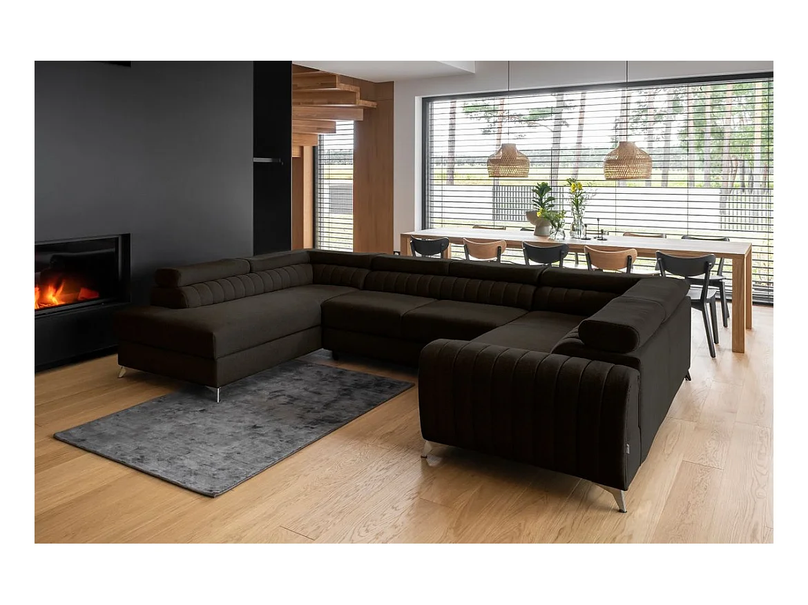 Canapé panoramique convertible tissu chocolat avec coffre de rangement Louve 340cm-Coffre de rangement à gauche