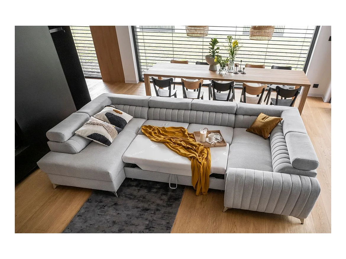 Canapé panoramique convertible tissu chocolat avec coffre de rangement Louve 340cm-Coffre de rangement à gauche