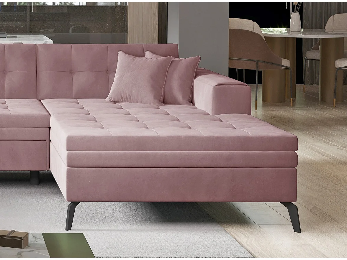 Canapé panoramique convertible tissu doux brillant capitonné rose clair Romy 350cm