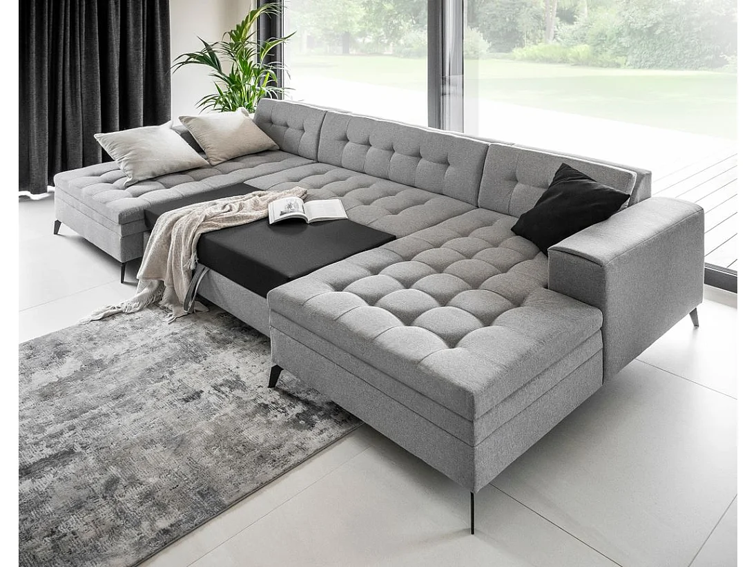 Canapé panoramique convertible tissu doux brillant capitonné rose clair Romy 350cm