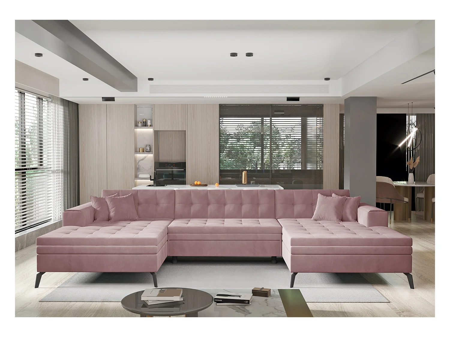 Canapé panoramique convertible tissu doux brillant capitonné rose clair Romy 350cm