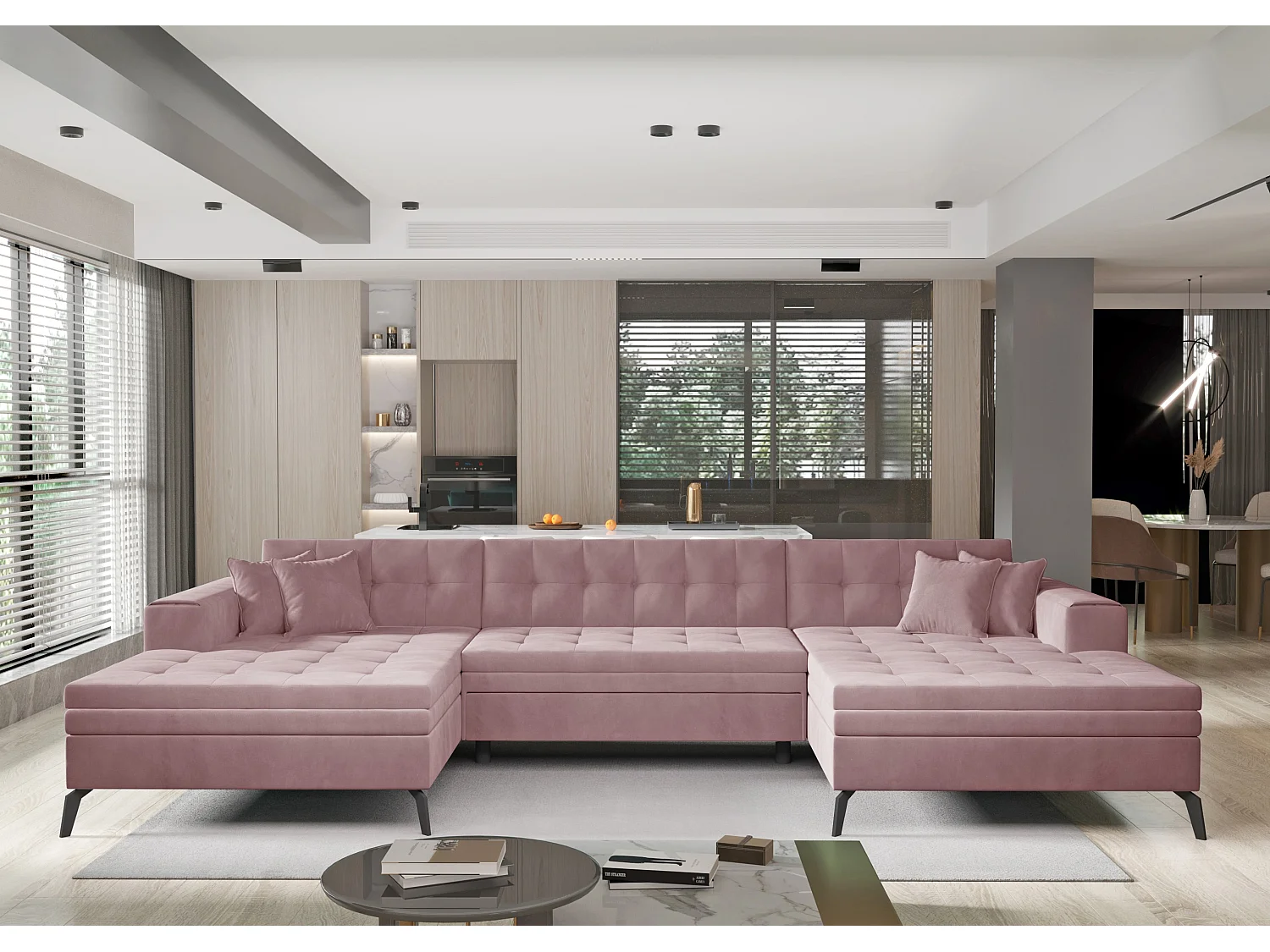 Canapé panoramique convertible tissu doux brillant capitonné rose clair Romy 350cm