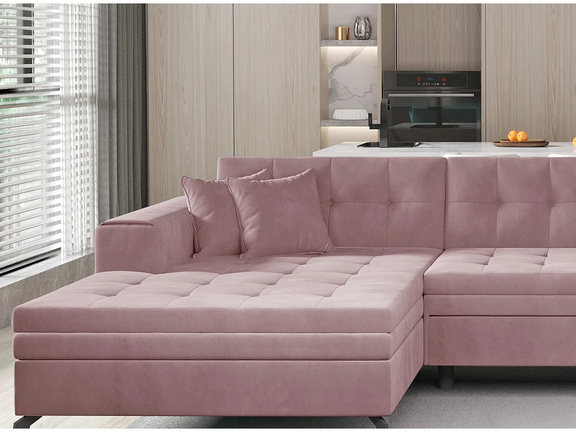 Canapé panoramique convertible tissu doux brillant capitonné rose clair Romy 350cm