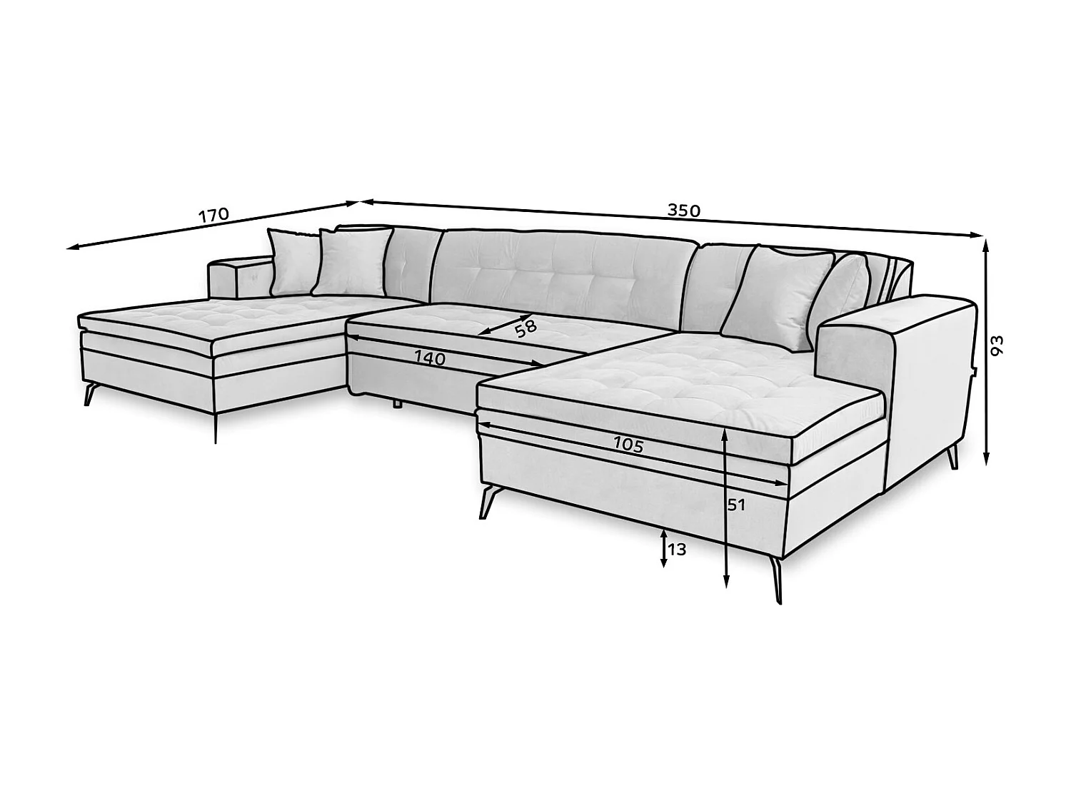 Canapé panoramique convertible tissu doux brillant capitonné rose clair Romy 350cm