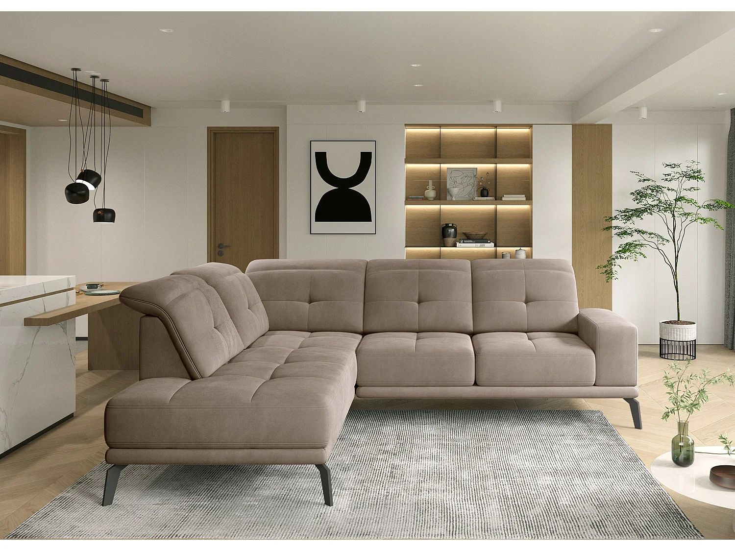 Canapé d'angle gauche design matelassé tissu doux beige et pied noir Kazane 275cm