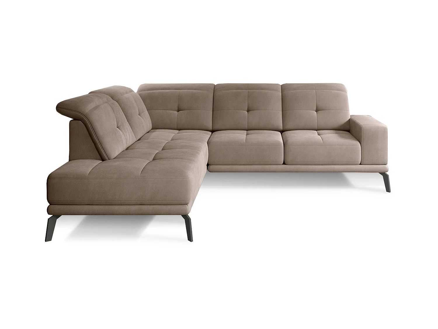 Canapé d'angle gauche design matelassé tissu doux beige et pied noir Kazane 275cm