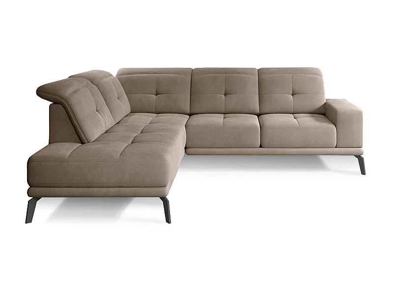 Canapé d'angle gauche design matelassé tissu doux beige et pied noir Kazane 275cm