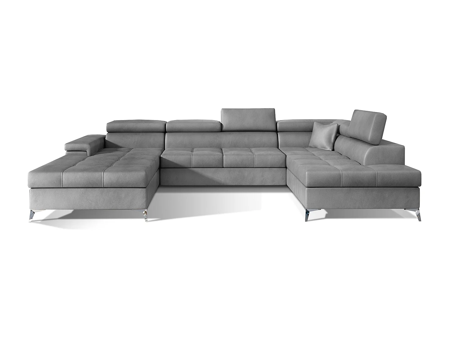 Canapé panoramique convertible KUTTY velours - Rangement et appuie-têtes réglables-Gris clair-Coffre de rangement à droite