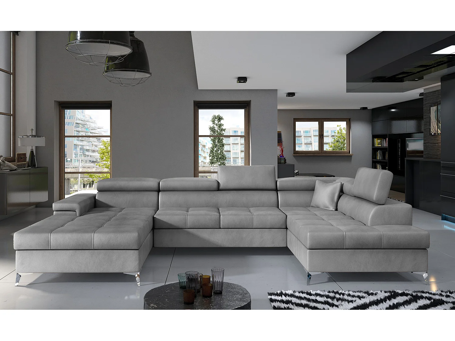 Canapé panoramique convertible KUTTY velours - Rangement et appuie-têtes réglables-Gris clair-Coffre de rangement à droite