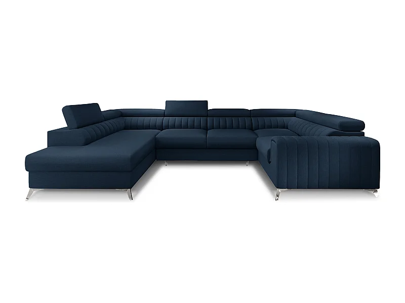 Canapé panoramique convertible LOUVE tissu - Rangement et têtières réglables-Bleu foncé-Coffre à gauche