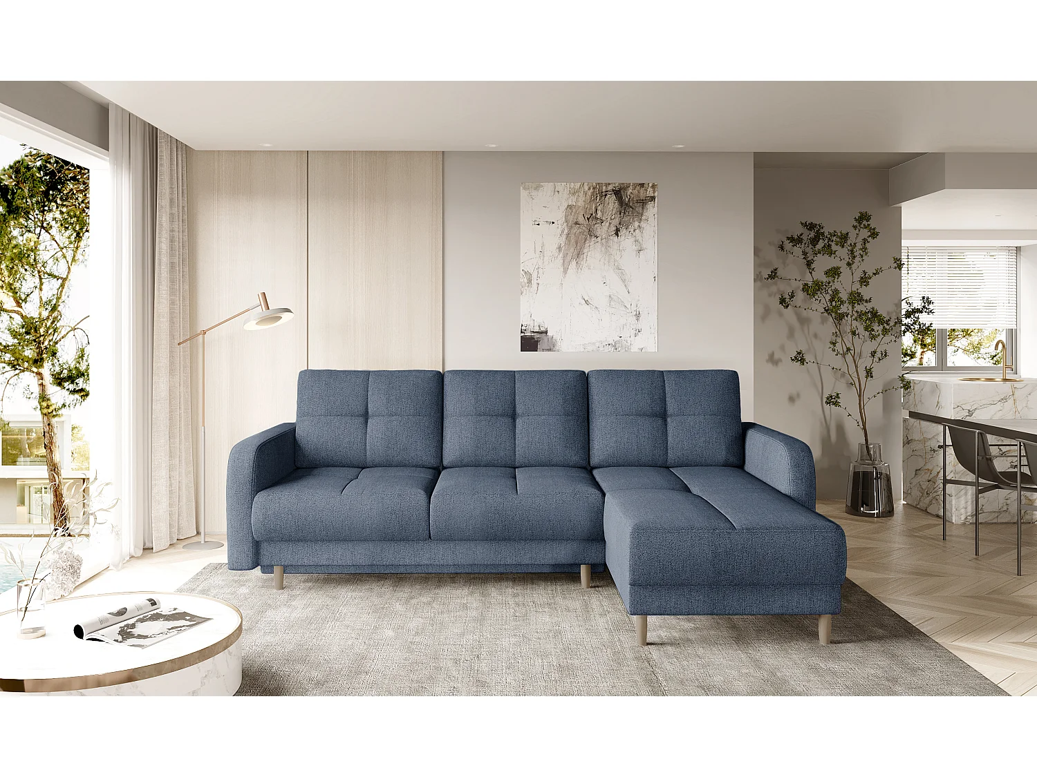 Sofá esquinero convertible y reversible de tela KINDO - Patas de madera clara-Color Azul turquesa