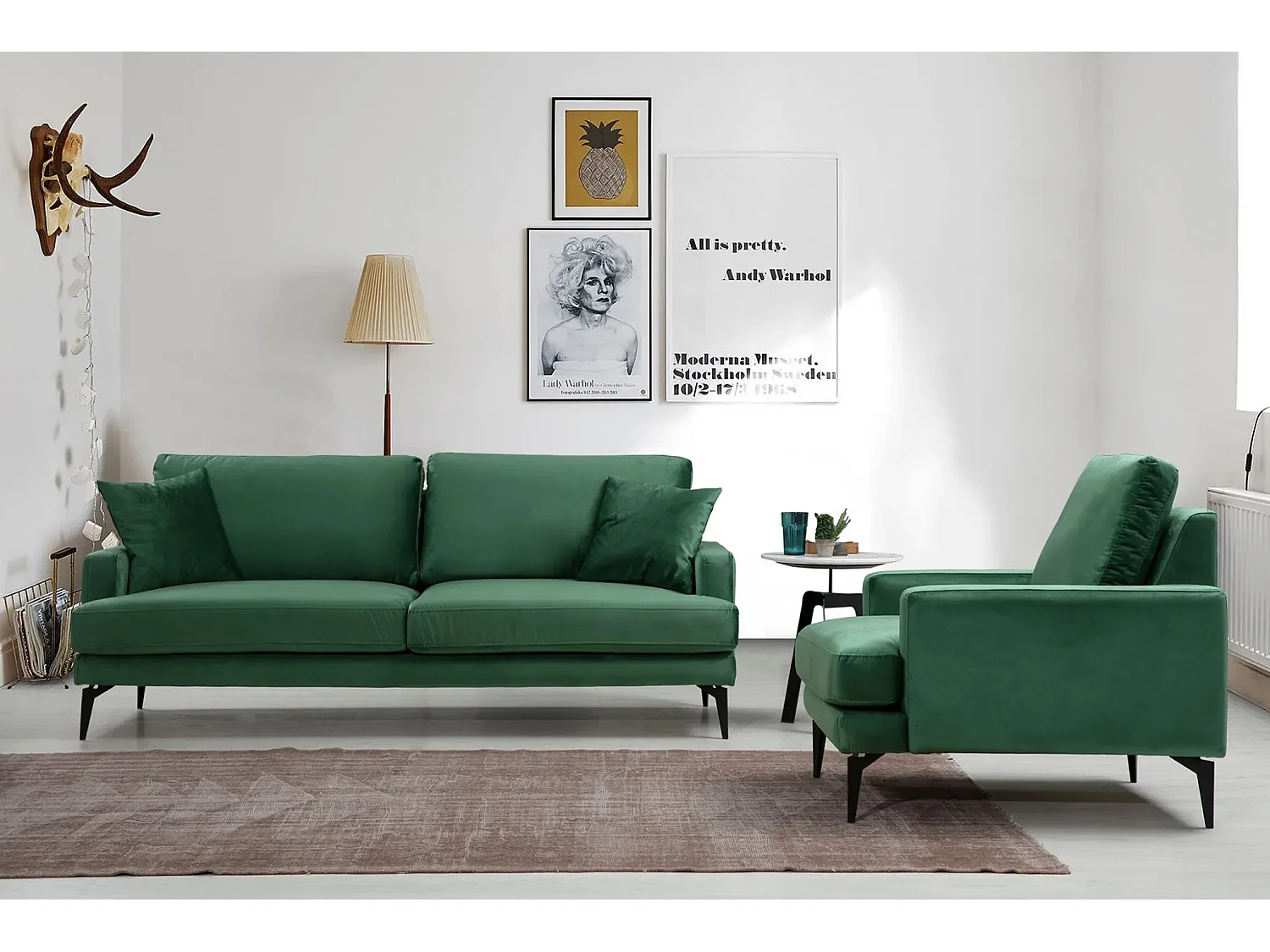 Canapé 3 places design tissu velouté vert et pieds métal noir Kombaz 205cm