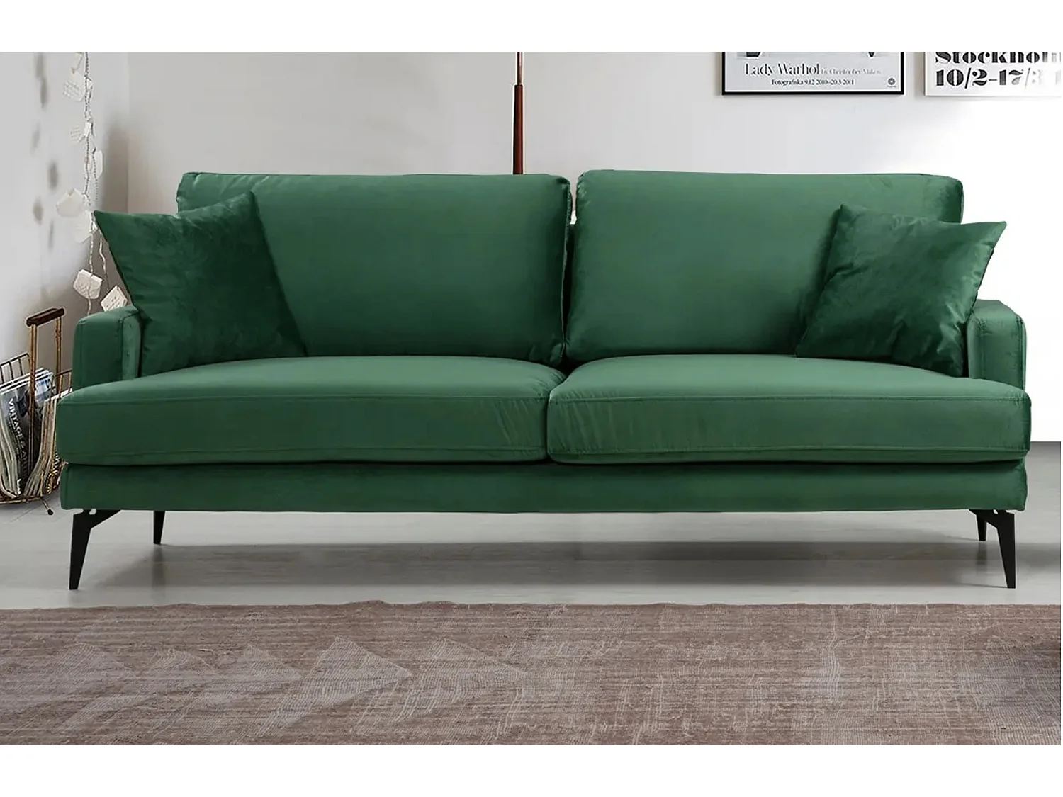 Canapé 3 places design tissu velouté vert et pieds métal noir Kombaz 205cm