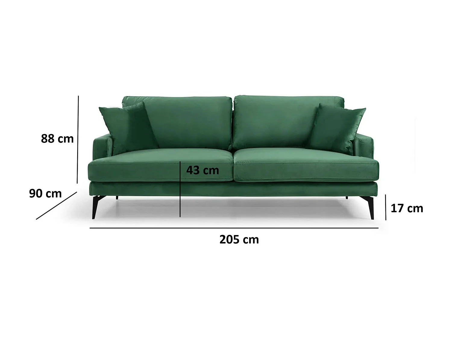 Canapé 3 places design tissu velouté vert et pieds métal noir Kombaz 205cm