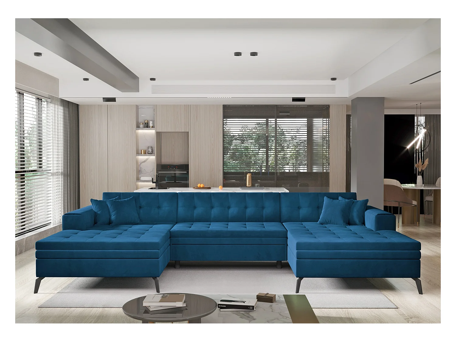 Canapé panoramique convertible tissu doux brillant capitonné bleu Romy 350cm