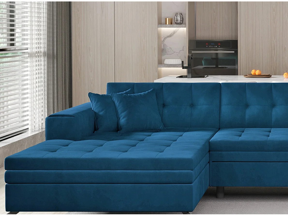 Canapé panoramique convertible tissu doux brillant capitonné bleu Romy 350cm