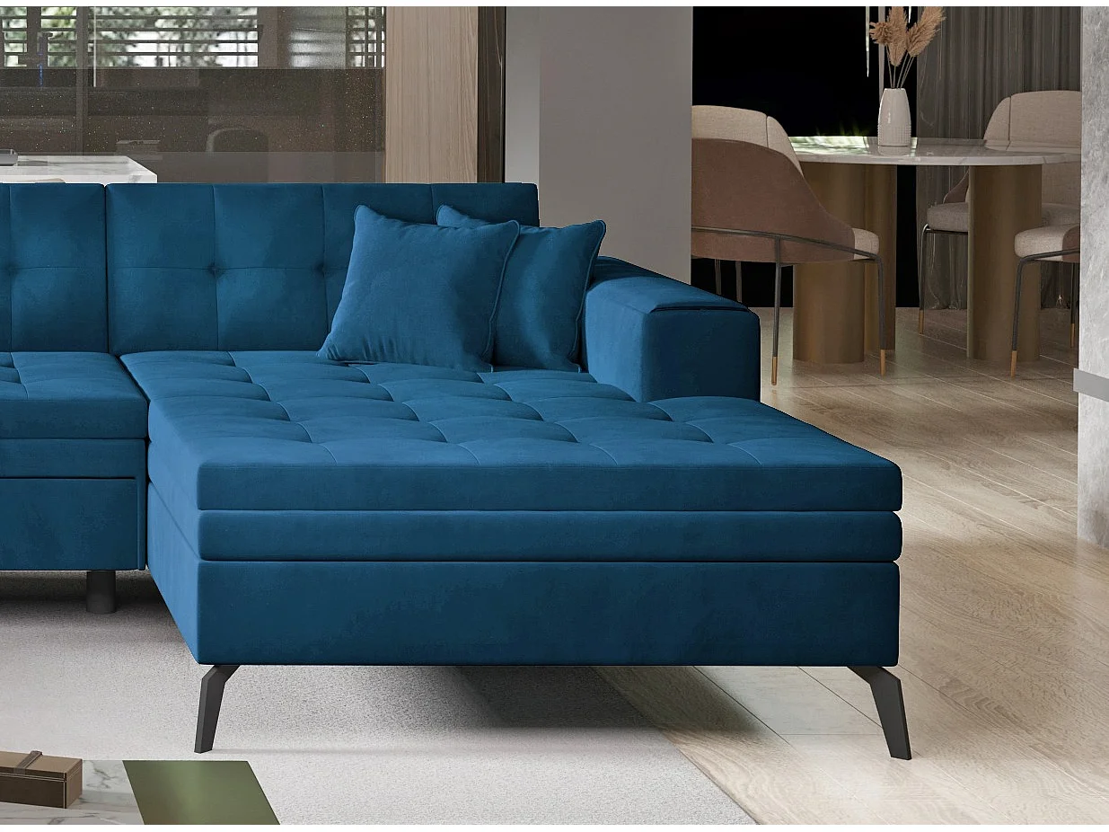 Canapé d'angle panoramique convertible 5 places en tissu capitonné bleu ROMY