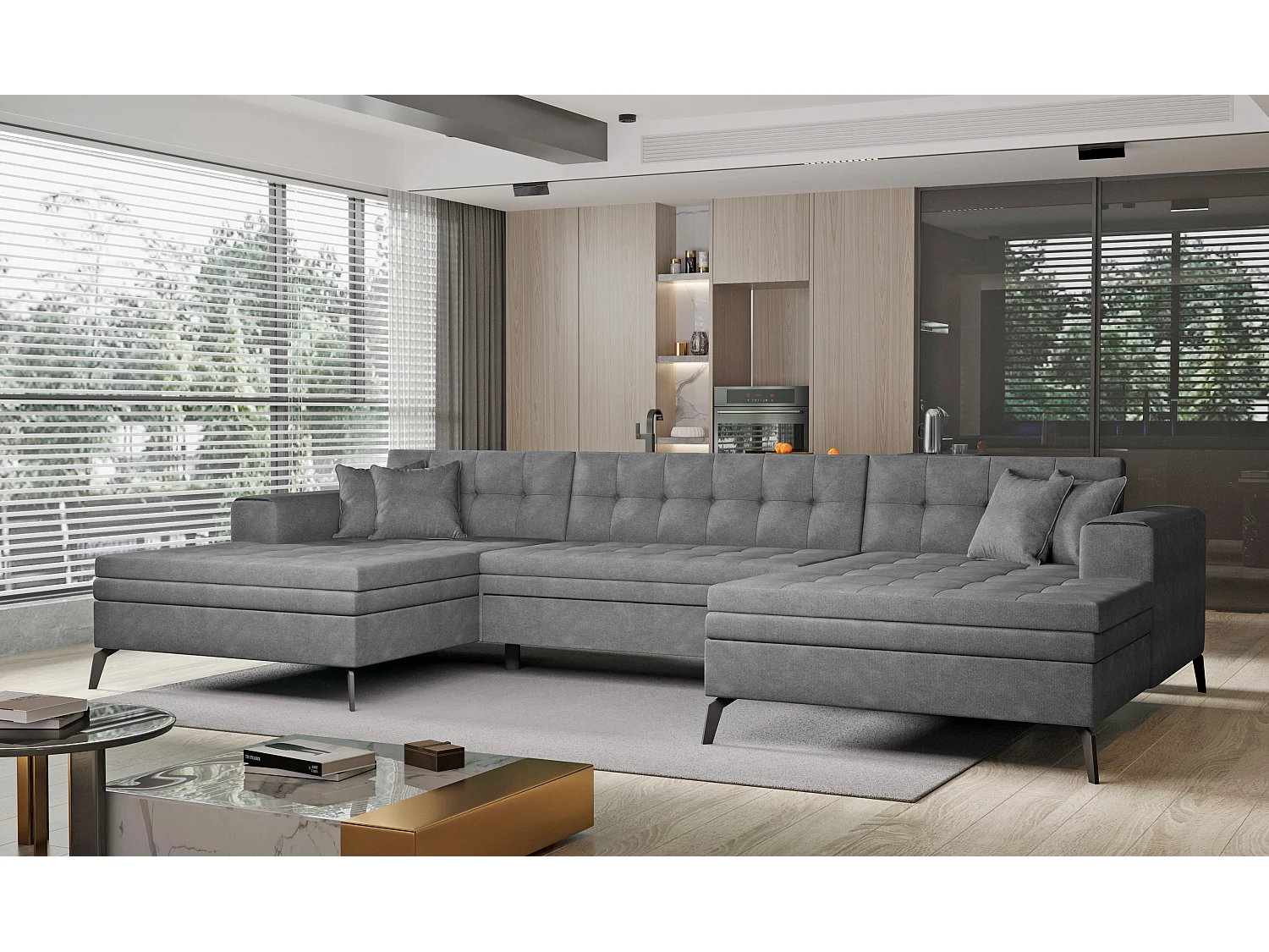 Canapé d'angle panoramique convertible 5 places en tissu capitonné bleu ROMY