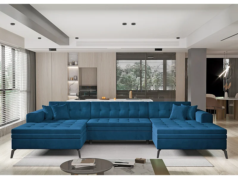 Canapé panoramique convertible tissu doux brillant capitonné bleu Romy 350cm