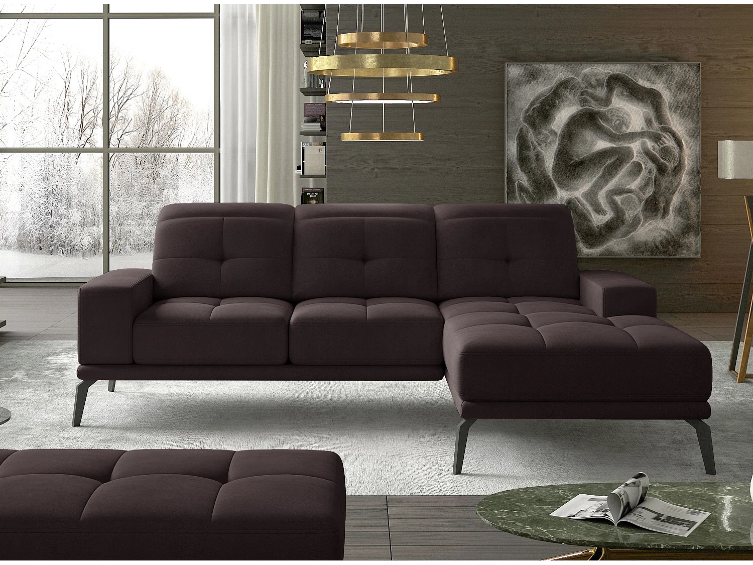 Canapé d'angle droit 5 places velours marron foncé Torpille 265cm