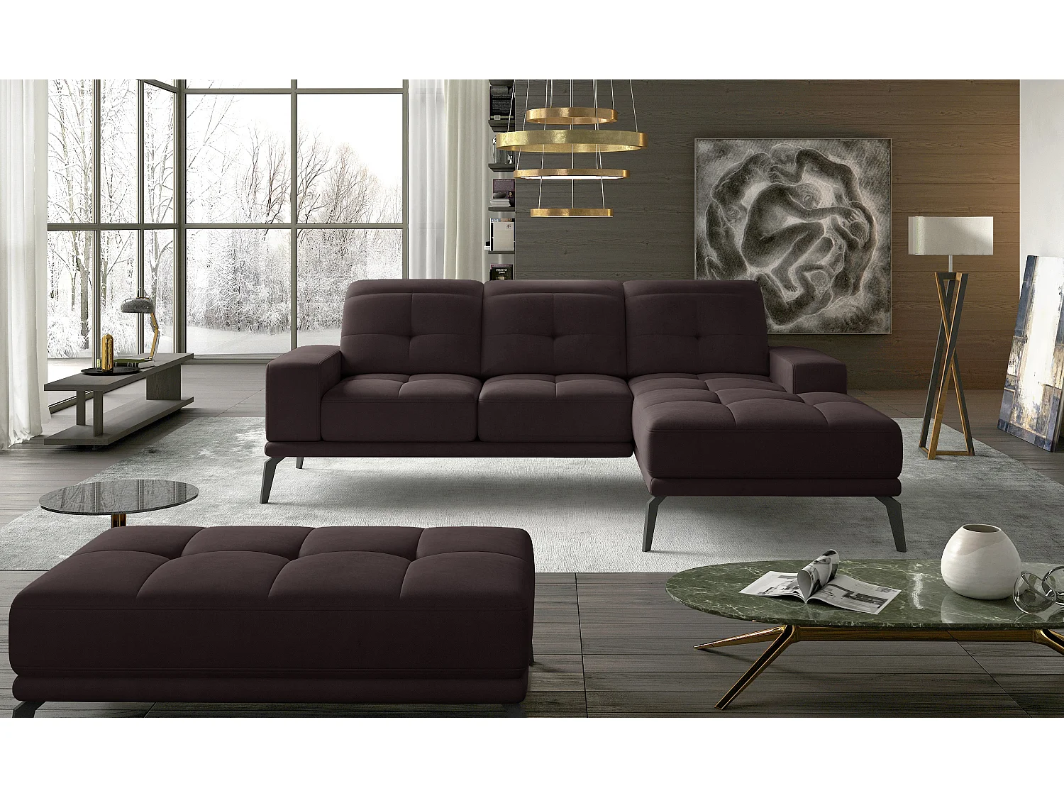 Canapé d'angle droit 5 places velours marron foncé Torpille 265cm