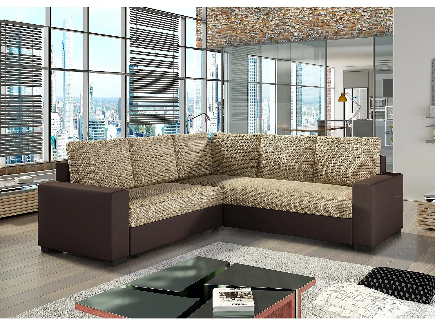 Canapé d'angle convertible simili marron et tissu beige chiné Travor 235cm