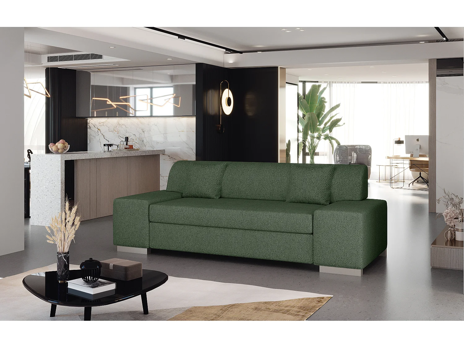 Canapé minimaliste 3-4 places tissu vert avocat Plazo 210cm