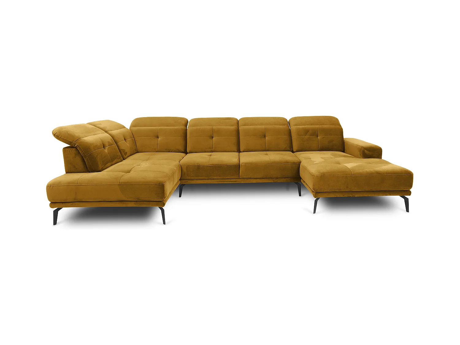 Canapé panoramique moderne velours jaune têtières angle gauche Versus 350cm