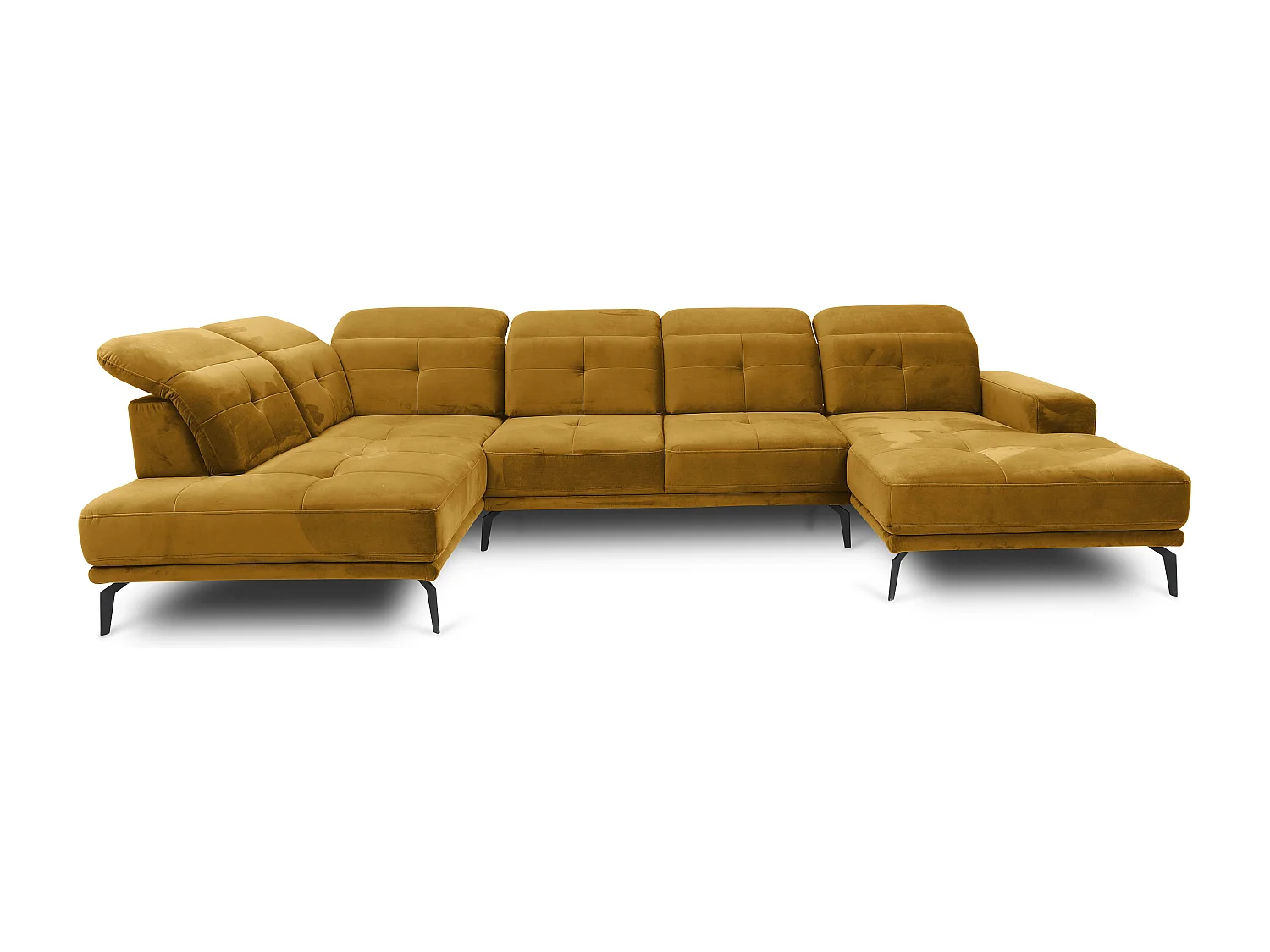 Canapé panoramique moderne velours jaune têtières angle gauche Versus 350cm