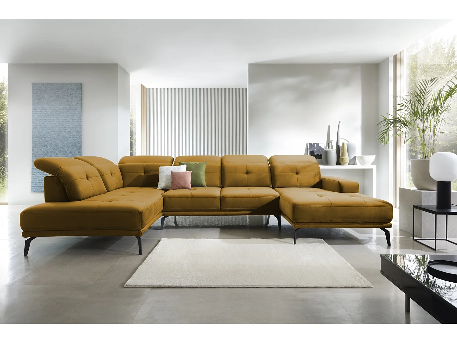 Canapé panoramique moderne velours jaune têtières angle gauche Versus 350cm