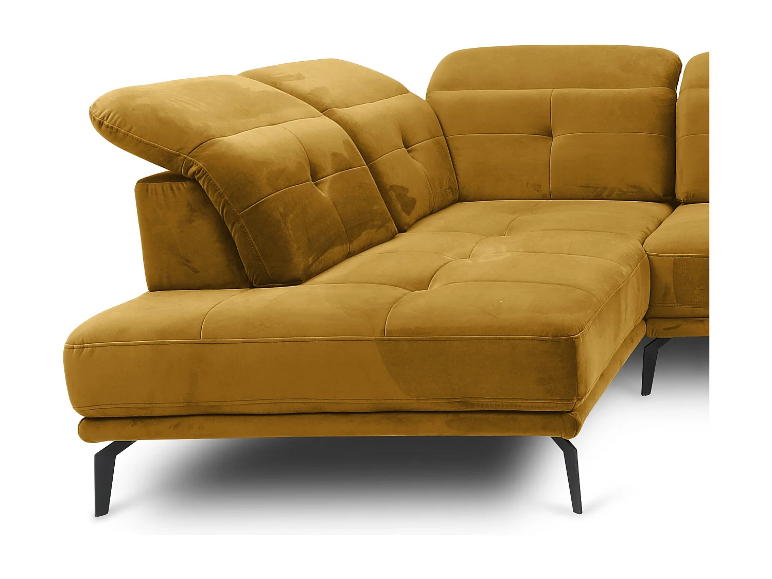 Canapé panoramique moderne velours jaune têtières angle gauche Versus 350cm