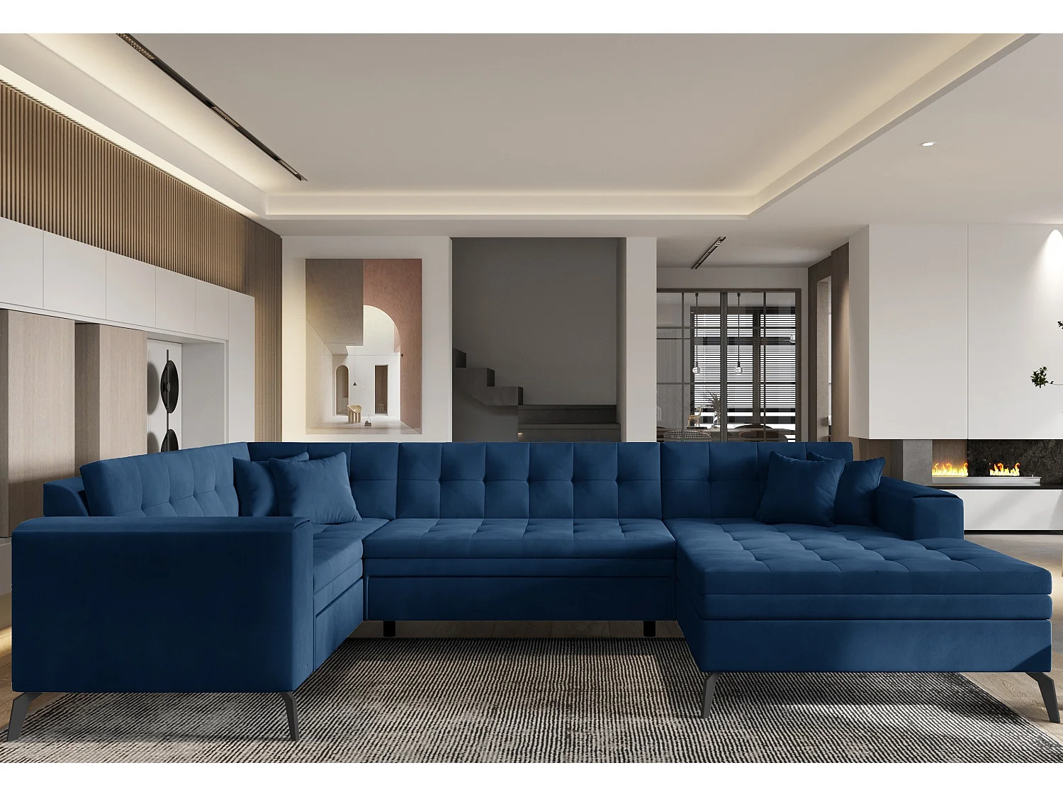 Canapé panoramique convertible droit tissu doux brillant bleu matelassé Bonty 340cm