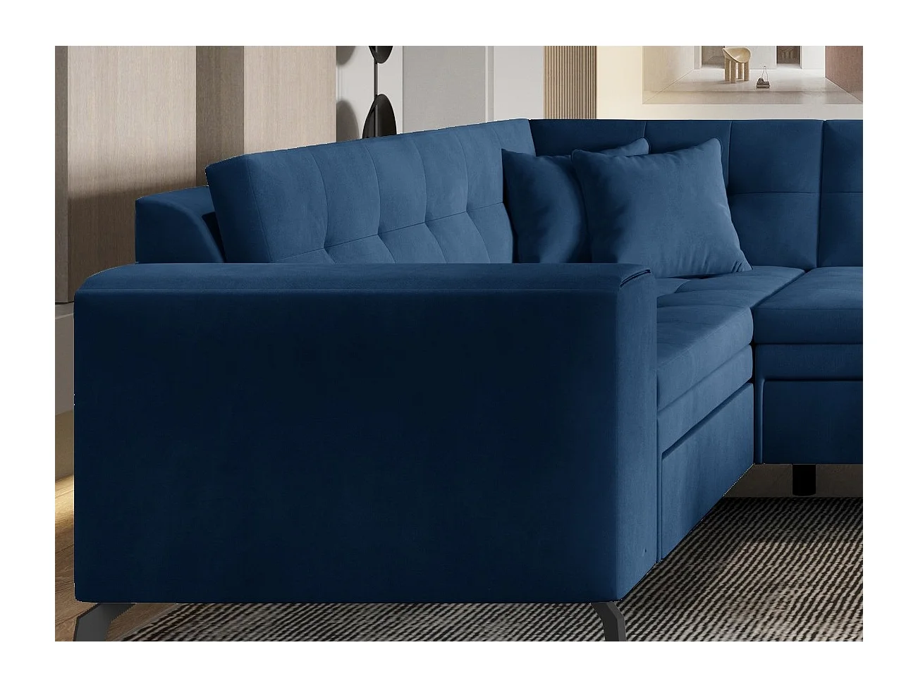 Canapé panoramique convertible droit tissu doux brillant bleu matelassé Bonty 340cm