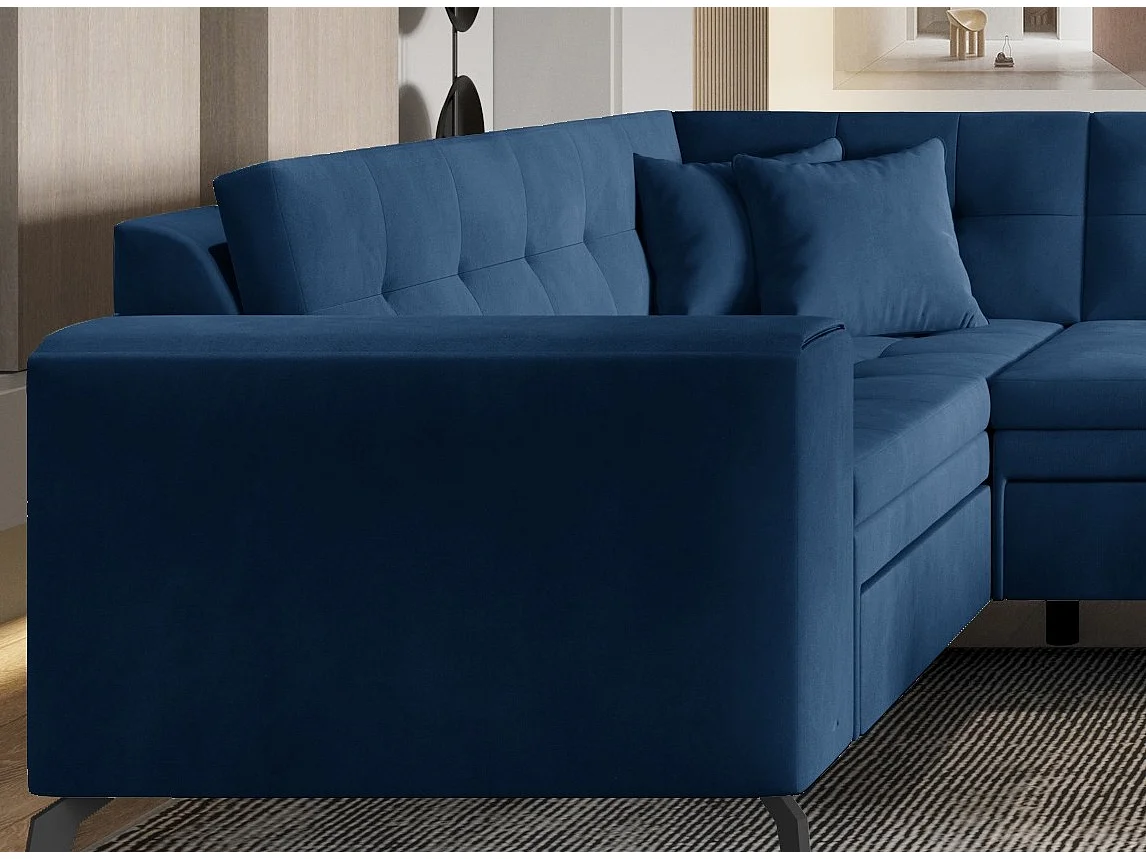 Canapé panoramique convertible droit tissu doux brillant bleu matelassé Bonty 340cm
