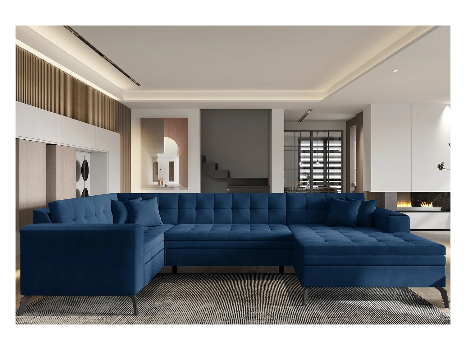 Canapé panoramique convertible droit tissu doux brillant bleu matelassé Bonty 340cm