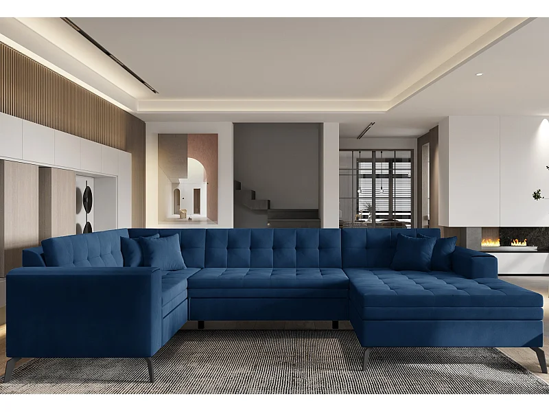 Canapé panoramique convertible droit tissu doux brillant bleu matelassé Bonty 340cm