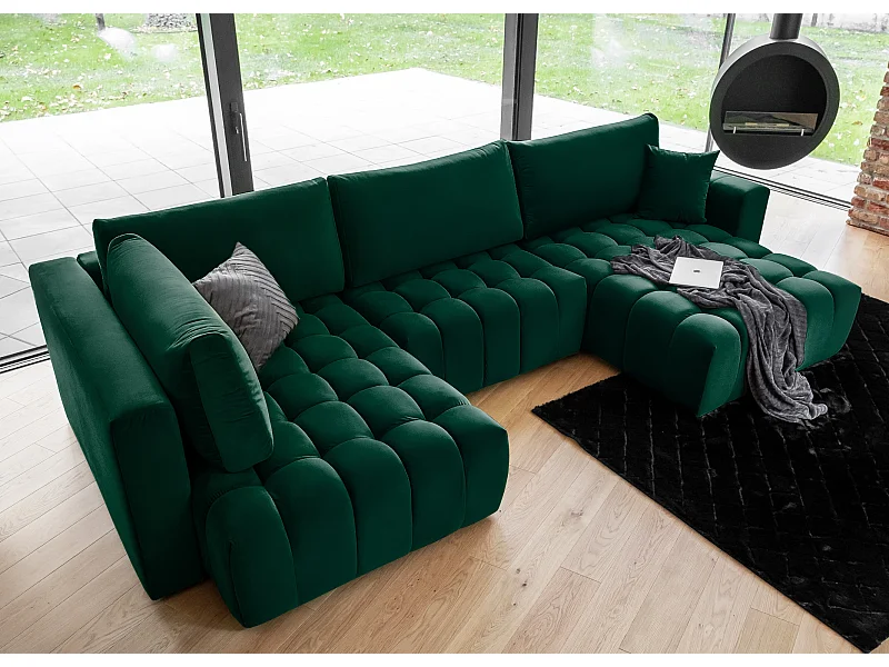 Canapé panoramique convertible design capitonné velours vert foncé méridienne droite Boston 350cm